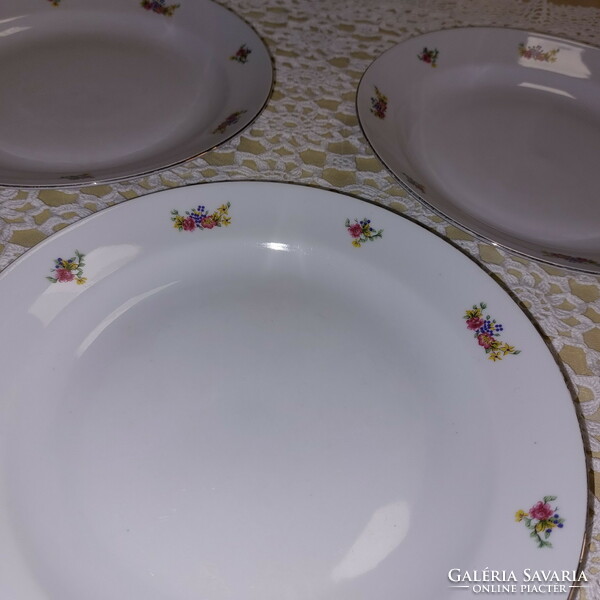 Zsolnay flower bouquet porcelain flat plate with gold edge, 3 pcs