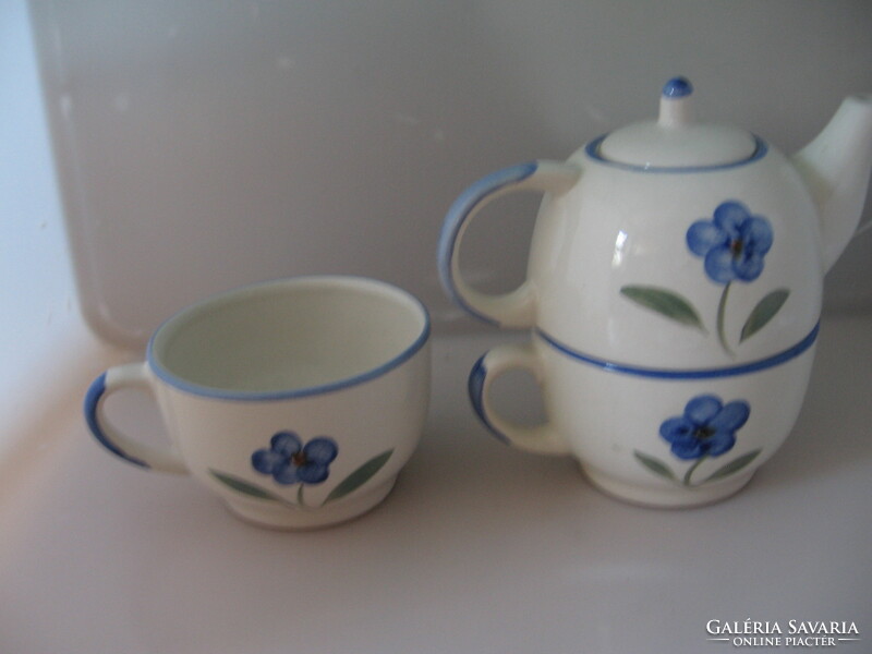 Retro kőporcelán kék virágos teás szett plusz csésze