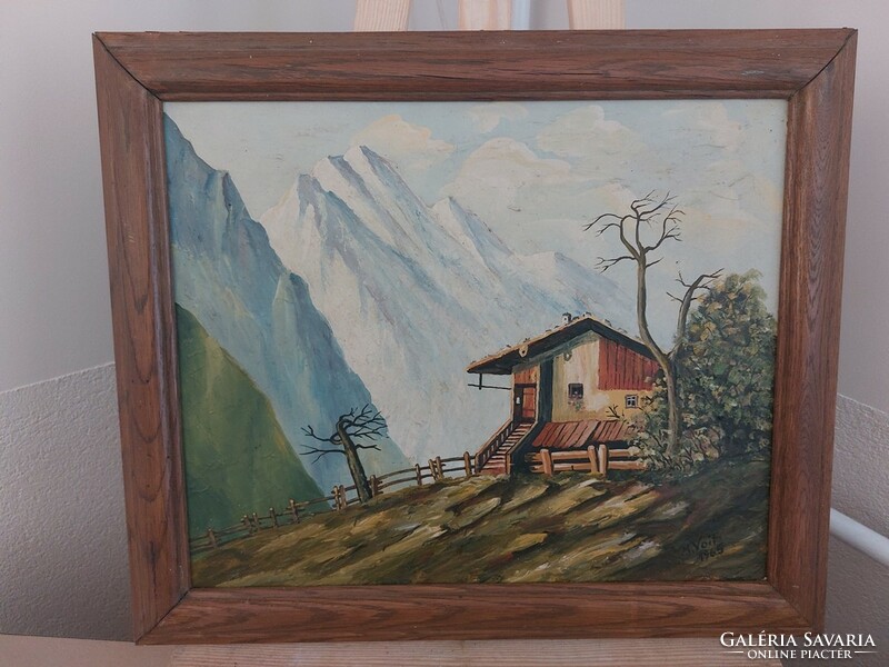 (K) Szép, szignózott alpesi festmény 58x49 cm