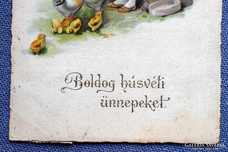 Régi  Húsvéti grafikus üdvözlő litho képeslap - kisleány kisfiú csibe ,kakas, tyúk ,tojás