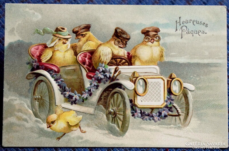 Antique embossed Easter greeting litho postcard - chicks automobile, near accident