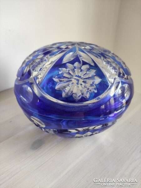 Antique blue polished lead crystal round bonbonnier. Medium size.