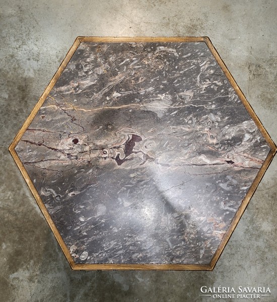 Old, hexagonal, carved neo-baroque table, coffee table with marble top