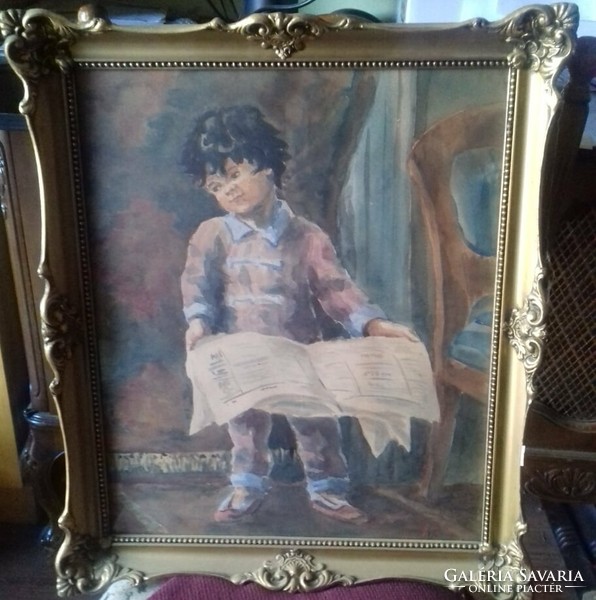 1938 watercolor in pearl blonde frame - boy reading newspaper, signed