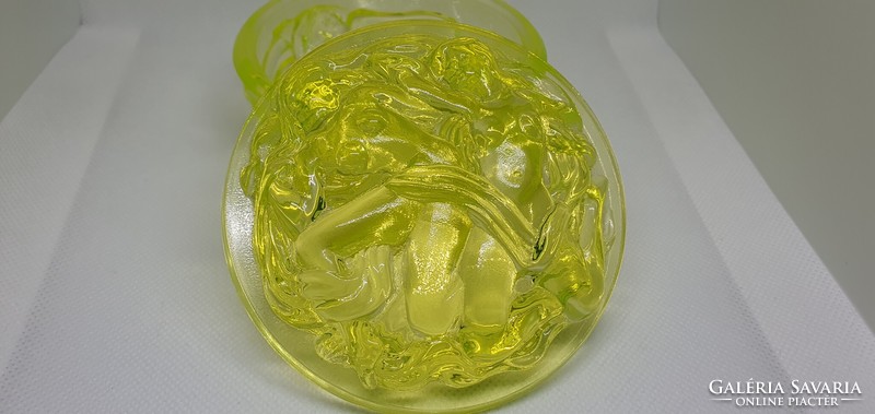 Uranium glass uranium-green bonbonier with an erotic scene