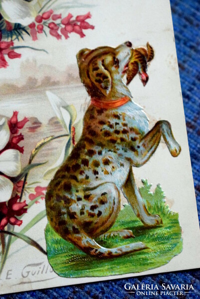 Antique genuine decoupage artist postcard guillot - daffodil, hunting dog, bird