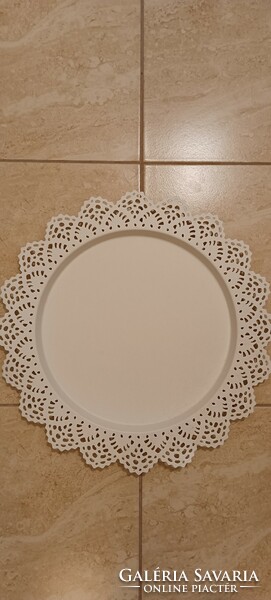 White metal tray with lace edge, diameter 38 cm
