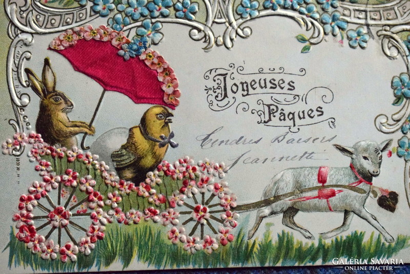 Antique embossed Easter postcard - lamb pulled flower tooth, rabbit, chick, silk umbrella