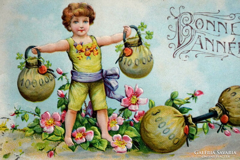 Antik dombornyomott Újévi üdvözlő litho képeslap - súlyemelő kisfiú pénzeszsák