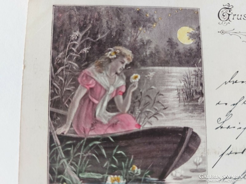 Régi képeslap litho levelezőlap hölgy csónakban