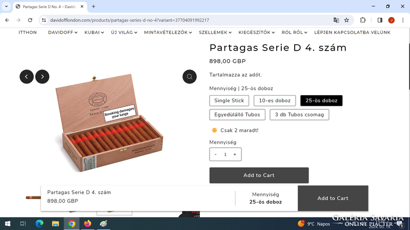 CUBAI Szivar EREDETI 'Partagas D No. 4' FA DÍSZDOBOZÁBA 25.szál EREDETI Fajtatiszta Havanna.