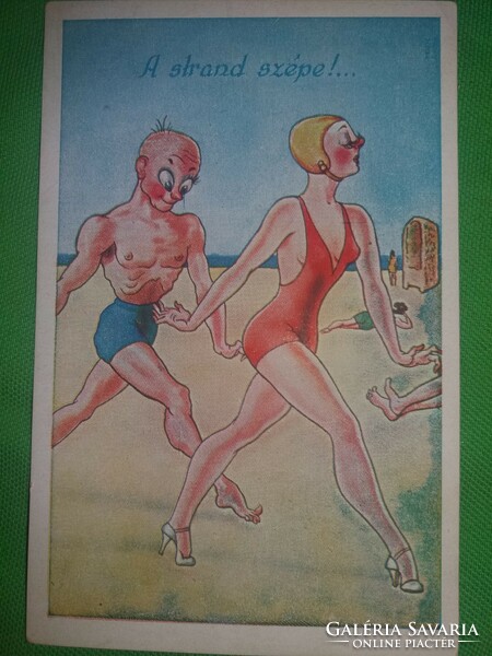 Antik 1920-30. Kaszás Jámbor humoros képeslap : A strand szépe ! képek szerint Barasits