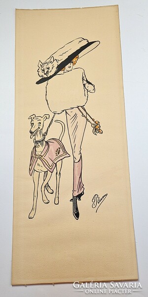 "Kalapos hölgy kutyával" - antik art deco akvarell/grafika