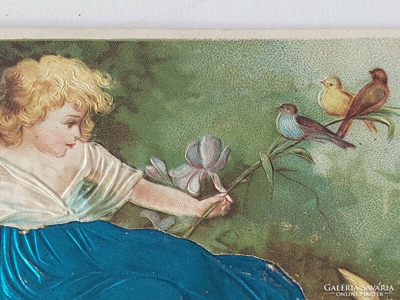 Régi dombornyomott képeslap angyal kismadarak liliom