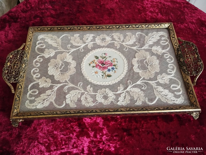 Beautiful copper tray with tapestry embroidered on tulle