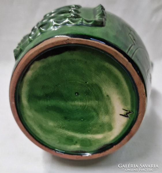 Rare green-black glazed large ceramic miska jug 23 cm.