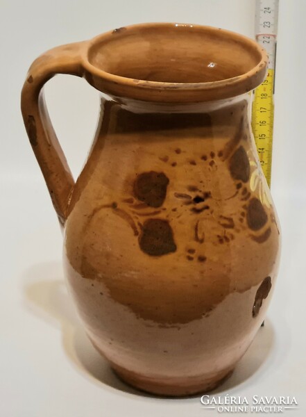 Folk ceramic milk jug with white flowers and light brown glaze (2982)