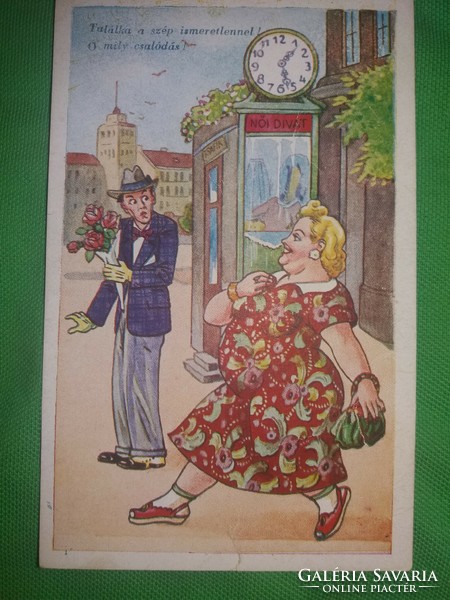 Antik 1920-30. Kaszás Jámbor humoros képeslap : Találka a szép ismeretlennel képek szerint Karinger