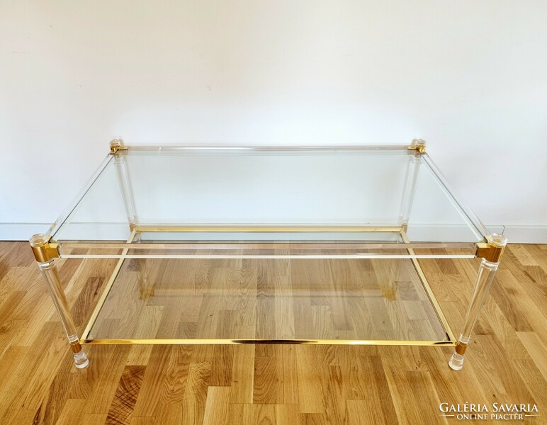 Hollywood regency style vintage glass table, coffee table with plexiglass legs