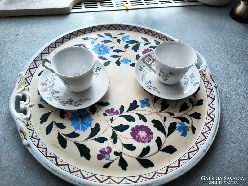 Antique beautiful porcelain tray with handles, coffee tray serving food and drink, schnapps teapot