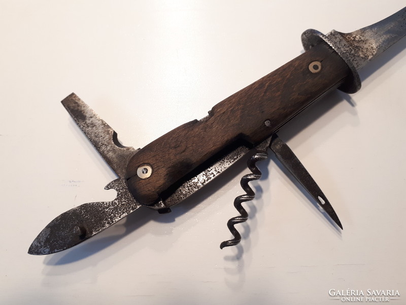 Antik többfunkciós fanyelű szénacélpengés kés 24 cm