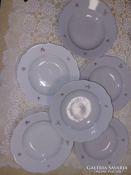 Zsolnay rózsaszín kisvirágos porcelán mély tányér, 6db