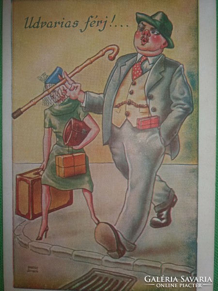 Antique 1920-30. Kászás pious humorous postcard: polite husband! Barasits according to pictures