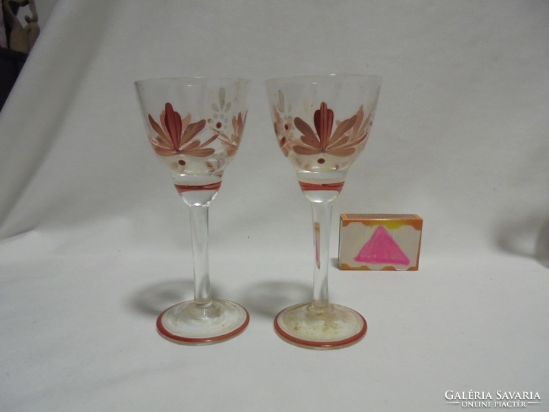 Retro hand-painted glass liquor set - carafe, pouring spout with five stemmed glasses