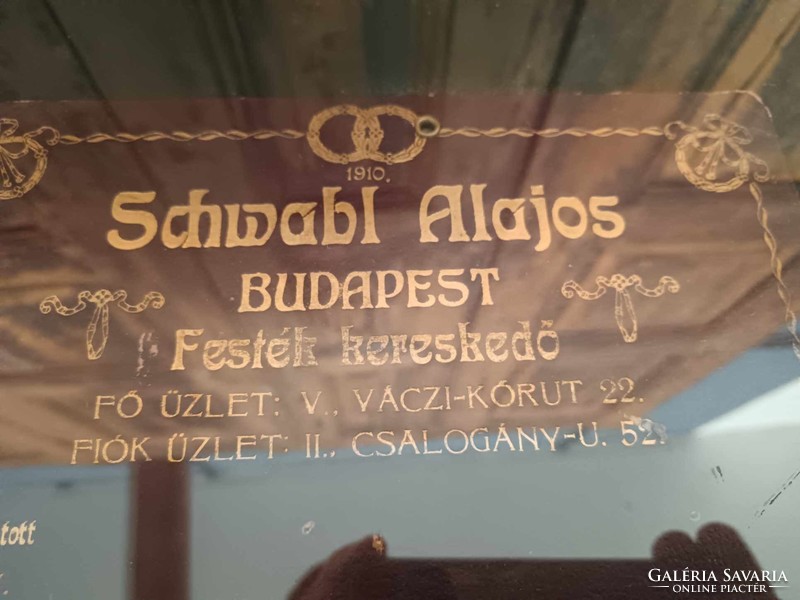 Régi reklám, 20. század elejei festékbolti reklám, bőr aranyozott felirattal, Schwabl Alajos 1910