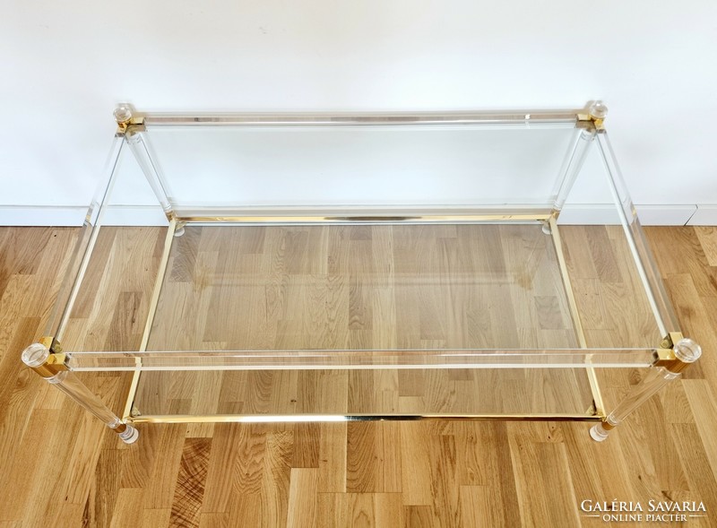 Hollywood regency style vintage glass table, coffee table with plexiglass legs