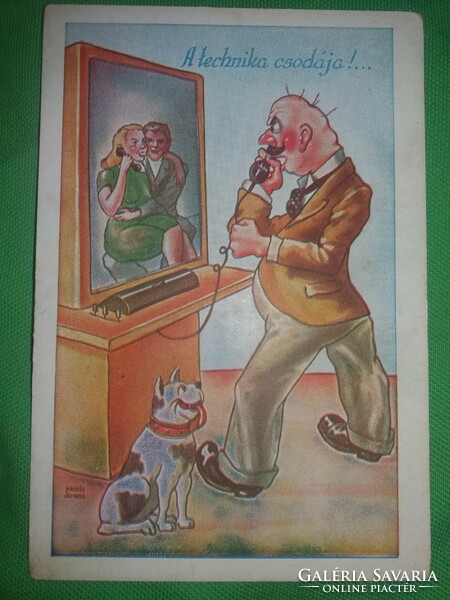 Antik 1920-30. Kaszás Jámbor humoros képeslap :A technika csodája képek szerint Barasits