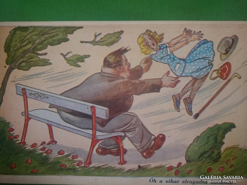 Antik 1920-30. Kaszás Jámbor humoros képeslap : A vihar elragadta babám.képek szerint Karinger