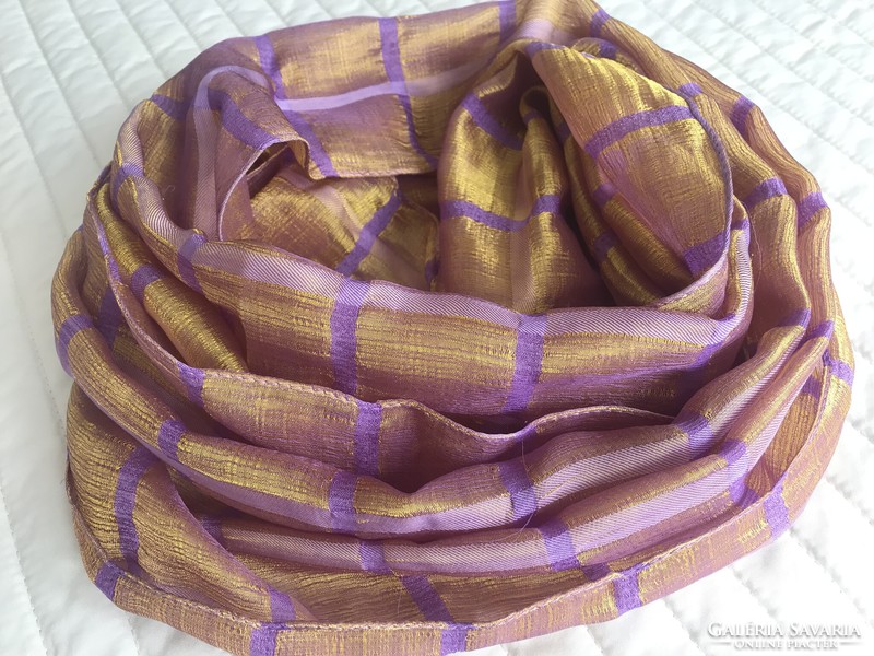 Golden silk scarf with dull purple squares, 140 x 33 cm