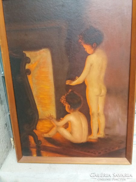 Beautifully themed painting of children warming themselves by the fireplace oil / wood panel marked picture in frame flawless
