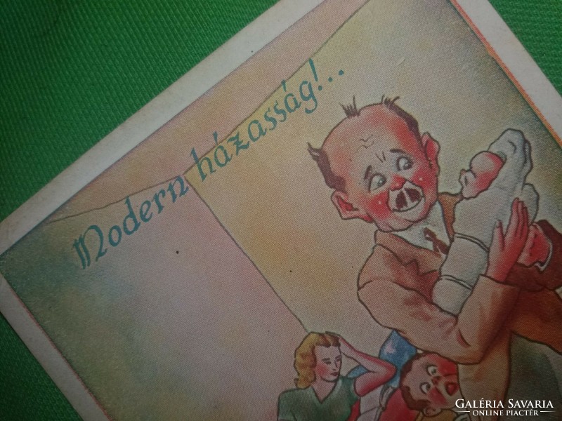 Antique 1920-30. Kaszás pious humorous postcard: modern marriage according to pictures, barasits