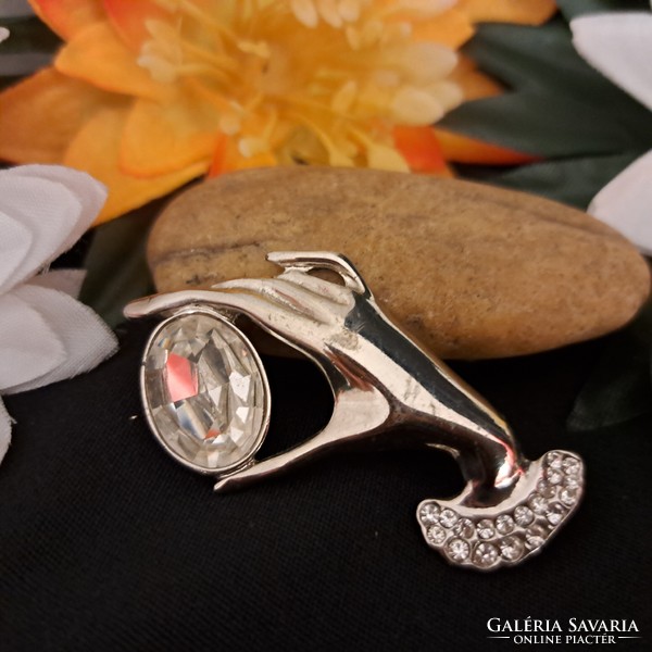 Old silver-plated zircon stone brooch, 5 cm