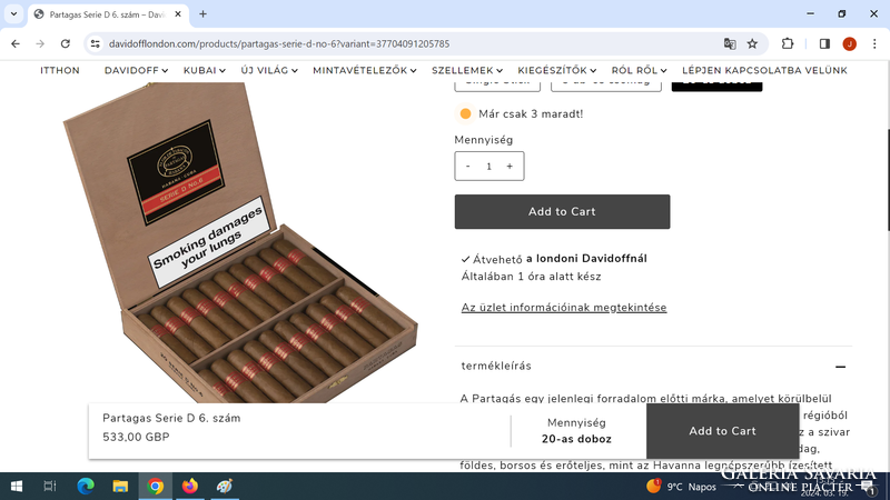 CUBAI Szivar EREDETI 'Partagas D No. 6' FA DÍSZDOBOZÁBA 20.szál EREDETI Limitált dobozában Ár Alatt