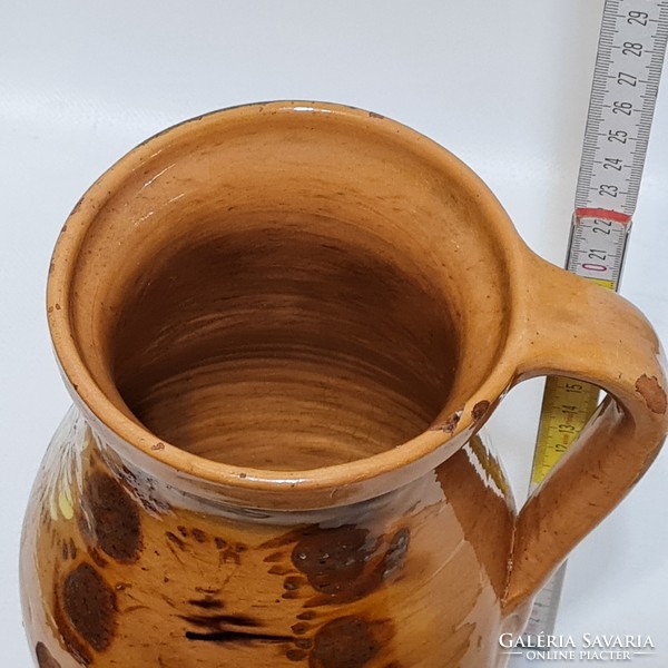 Folk ceramic milk jug with white flowers and light brown glaze (2982)