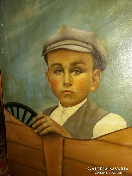 Gyönyörű festmény - Kordén utazó fiú portré olaj / vászon jelzett kép keret nélkül a képek szerint