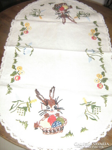 Charming embroidered cross-stitch Easter bunny needlework tablecloth