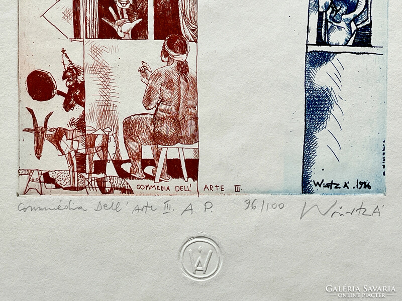 Adam Würtz 1986 commedia dell' arte iii. C. Color etching. Signed.
