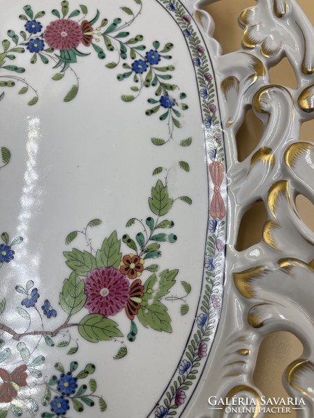 Herend's special, openwork edged large colorful Indian flower basket pattern offering bowl