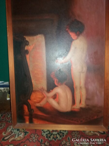 Beautifully themed painting of children warming themselves by the fireplace oil / wood panel marked picture in frame flawless