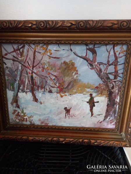 Bánfi József   Vadász és kutyája a téli erdőben