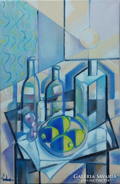 Table still life with lamp - oil on canvas