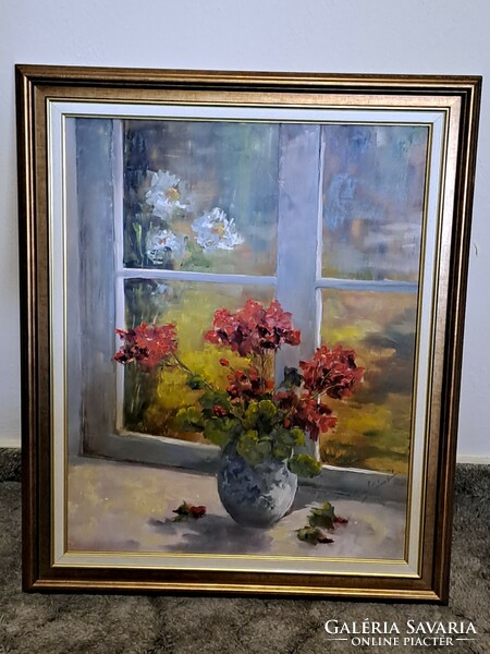 Lukács Sántó: geraniums in the window c. Contemporary oil painting