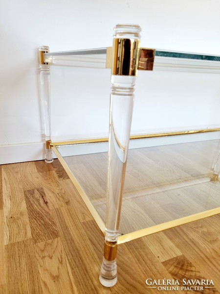 Hollywood regency style vintage glass table, coffee table with plexiglass legs