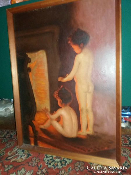 Beautifully themed painting of children warming themselves by the fireplace oil / wood panel marked picture in frame flawless