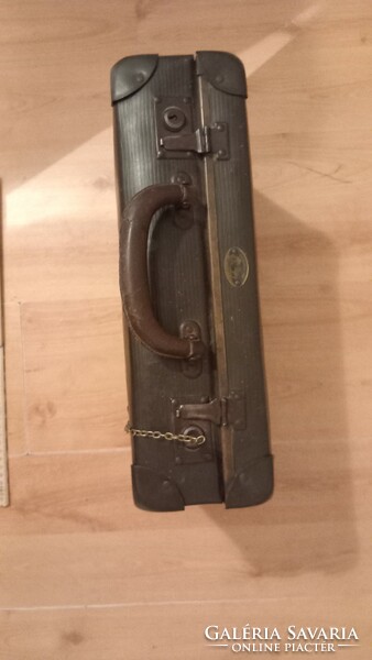 Old small suitcase, marked, with original key, copper fittings