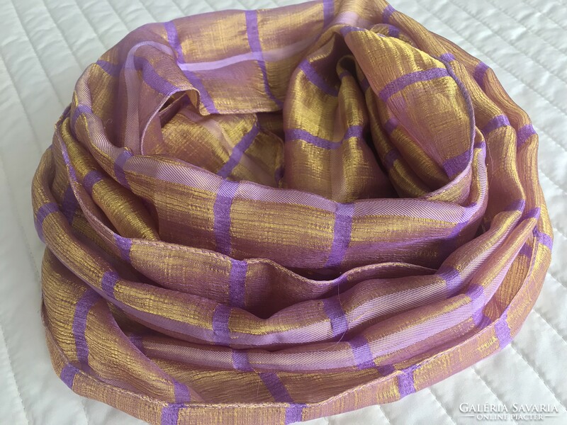 Golden silk scarf with dull purple squares, 140 x 33 cm